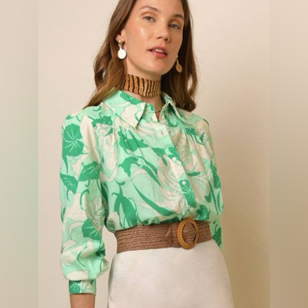 RIXO Button Down Tropical Blouse